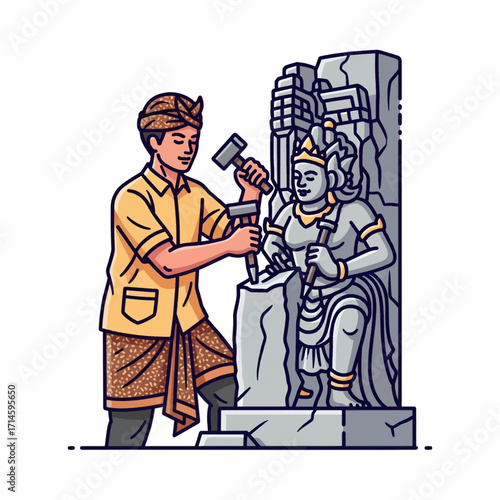 A Balinese sculptor meticulously carves a stone statue with traditional tools, showcasing cultural artistry.