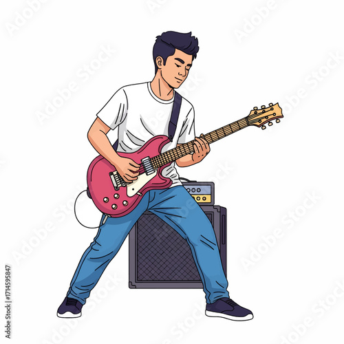 A young man playing a pink electric guitar with an amplifier behind him.
