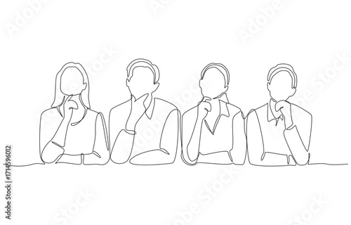 Continuous one line drawing of colleagues sitting side by side looking thoughtful, symbolizing critical thinking, decision making, evaluation, brainstorming in team, single line art.