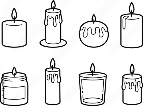 Set of Hand Drawn Outline Illustrations of Candles with Dripping Wax Keywords: candle, candles, flame, fire, light, wax, dripping