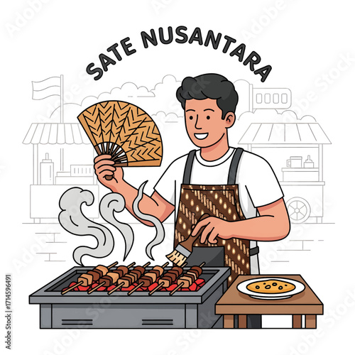 A smiling man wearing an apron fans sate skewers cooking on a grill, with food stalls in the background.