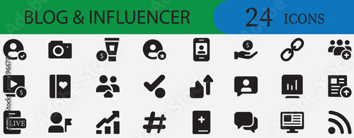 Blog and influencer icon set for social media, content, live, feedback, sponsor, communication, marketing, app, user and technology