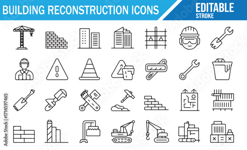 Collection of outline icons for building repair, urban planning, and reconstruction projects