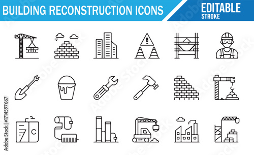Modern line style construction and architecture icons set with industry symbols