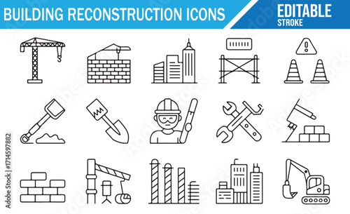 Editable linear vector icons of crane, excavator, ladder, helmet, and site reconstruction