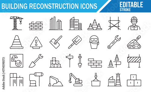 Thin stroke icons of building repair, architecture, safety barriers, and construction tools