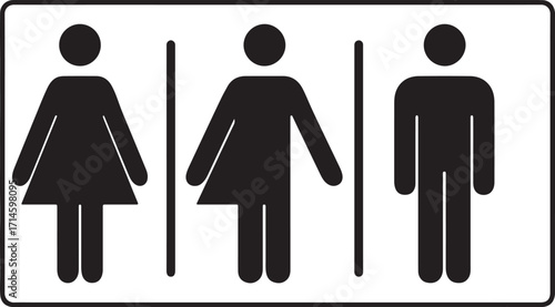 All gender restroom sign. Male, female transgender. Vector illustration. Black symbols isolated on white. Mandatory banner. Set of female, male and transgender people silhouettes.
