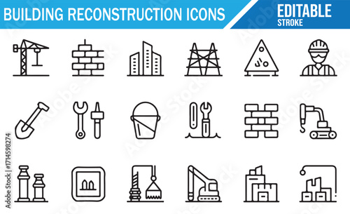 Vector pack of outline reconstruction and engineering icons with workers and equipment