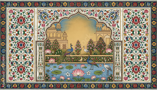 arch mughal flowers traditional wedding frame palace pichwai garden lotus featuring and decorative illustration art 99697783 1