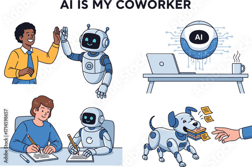 Human and ai collaboration depicted in various workplace scenarios showcasing teamwork and assistance