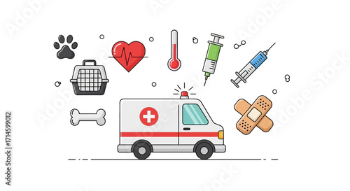 Urgent pet care ambulance and health icons for modern veterinarian clinic promotion or animal emergency services