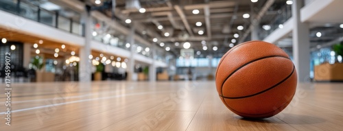 Basketball resting on the gym floor with a modern sports facility in the background during daytime practice sessions