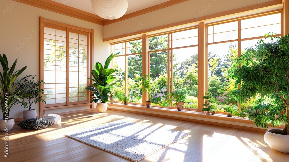 Fototapeta premium Bright and Serene Living Space with Plants and Large Windows