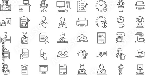 Minimalist outline icon pack representing business management, office work, and corporate life concepts