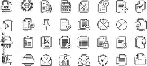 A comprehensive collection of outline icons representing various aspects of document management, data handling, file operations, office tasks, and digital information security systems
