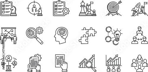 Comprehensive business strategy and planning icon set, illustrating key concepts like goal setting, project management, data analysis, innovation, and successful team collaboration