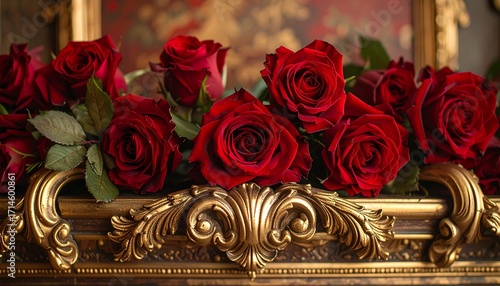 Elegant red roses in ornate gold frame