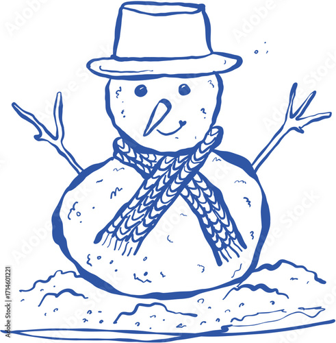 Hand drawn ink vector illustration. Christmas winter time themed. Snowman 