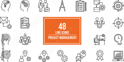 Modern thin line icon set illustrating key business concepts for project management, strategic planning, workflow optimization, and team collaboration