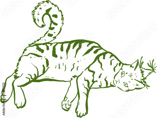 Hand drawn ink vector illustration. Christmas winter time themed. Cat and party hat