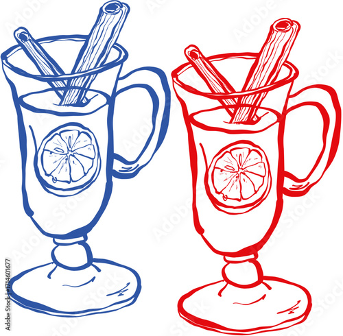 Hand drawn ink vector illustration. Christmas winter time themed. Mulled wine 