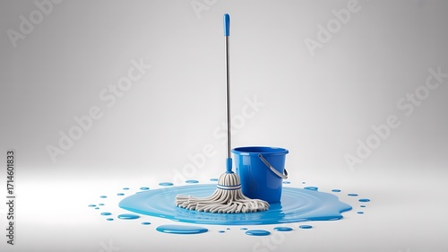 A blue mop and bucket surrounded by a spreading puddle of water on a clean white surface