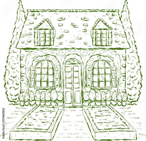 Hand drawn ink vector illustration. Christmas winter time themed. Winter castle 