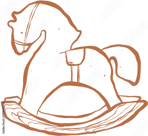Hand drawn ink vector illustration. Christmas winter time themed. Wooden rocking horse 