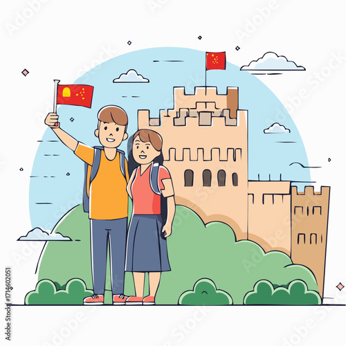 Flat 2D vector of a joyful tourist couple taking a selfie in front of the Great Wall of China