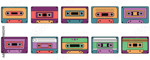 Set of colorful Music Cassette Illustration, Vintage audio cassette background. Retro music concept.