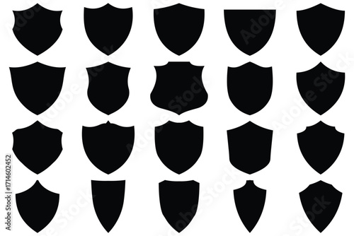 Black Shield Silhouette Icon Collection – Heraldic Badge and Security Emblem Set on Transparent Background
