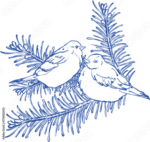 Hand drawn ink vector illustration. Christmas winter time themed. Christmas tree and two birds 
