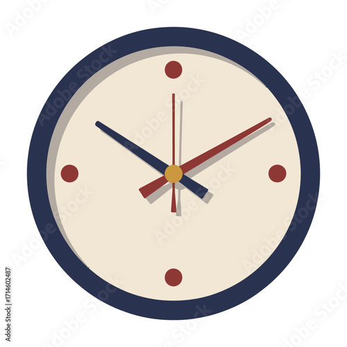Stylized analog clock with red markers and multicolor hands on beige face, symbolizing timekeeping, punctuality, and daily routine