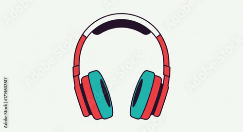 Illustration of red and teal wireless headphones for music listening and audio entertainment experience online