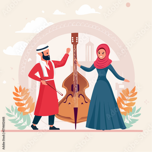 Flat 2D vector of a male musician playing an oud and a female dancer performing traditional dance