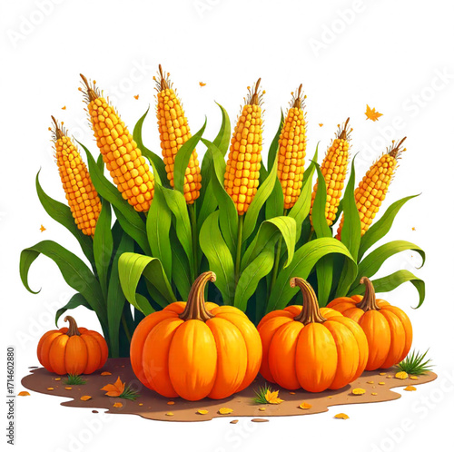 Autumn corn with pumpkins on a white background