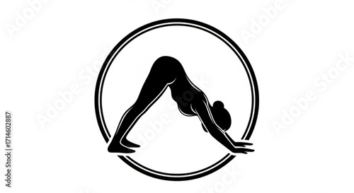 Yoga pose downward facing dog asana exercise fitness wellness stretching workout silhouette in circle vector
