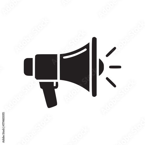 Illustration of a dark blue megaphone icon, symbolizing announcement, promotion, communication, and public speaking in a minimalist and modern design