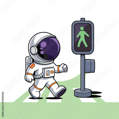 Cartoon astronaut crossing street — playful sci-fi character in white spacesuit with green signal light and stylized urban crosswalk