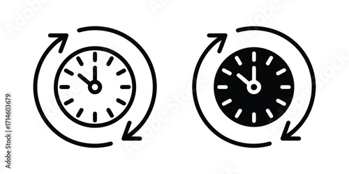 Stylized illustration of two clocks with circular arrows showing 12:00, symbolizing time management, repetition, and scheduling cycles