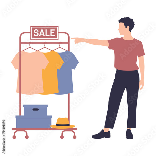 Stylized illustration of person pointing at clothing rack labeled SALE with colorful shirts, boxes, and hat, symbolizing retail promotion