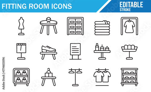 Modern thin stroke fashion fitting room icons for shop, boutique, and retail vector design