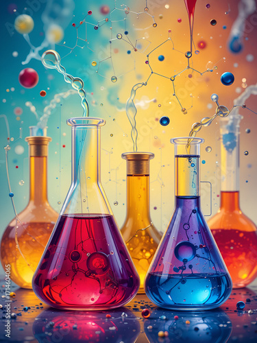 A vibrant illustration of laboratory flasks with colored liquids and molecular structures for scientific themes.