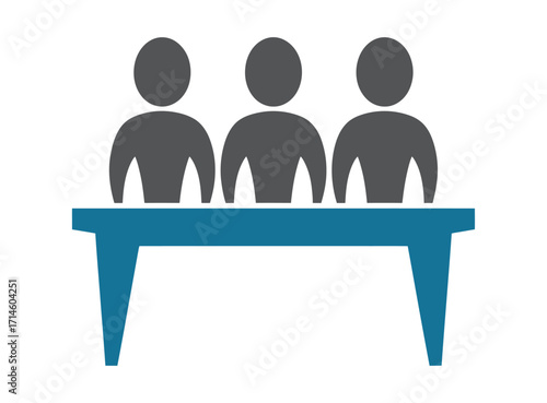 Stylized graphic of three people seated behind a blue table, symbolizing panel discussion, teamwork, interviews, and formal group meetings