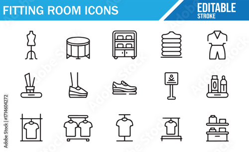 Thin stroke icons collection of fitting room essentials for fashion retail illustration