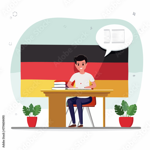 Young student sitting at a desk with an open book with german flag as a backgroud. Patriotism and celebrate german national day