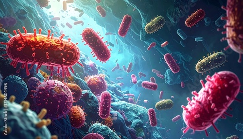 Vibrant microscopic view of various bacteria and microorganisms in a vibrant, dynamic display.