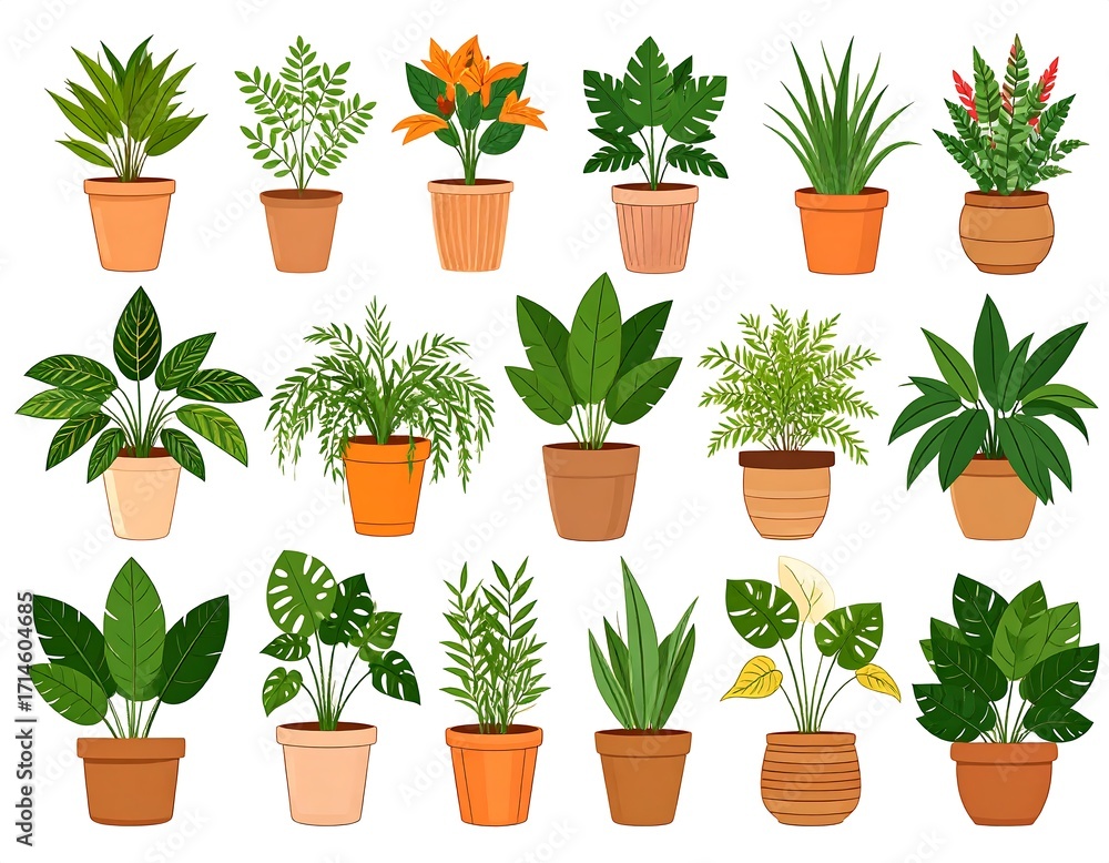 Fototapeta premium Collection of various potted houseplants in terracotta pots, displayed in a bright and vibrant style.
