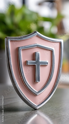 Decorative shield symbolizing protection and faith placed on a wooden table with blurred greenery in the background