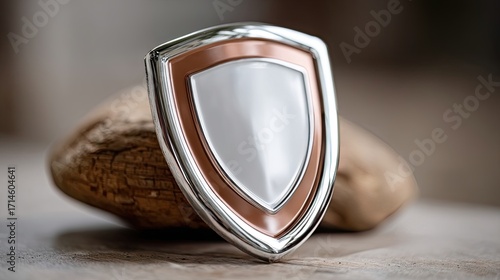 Shield resting on a wooden surface showcasing its polished metal and smooth design during natural light